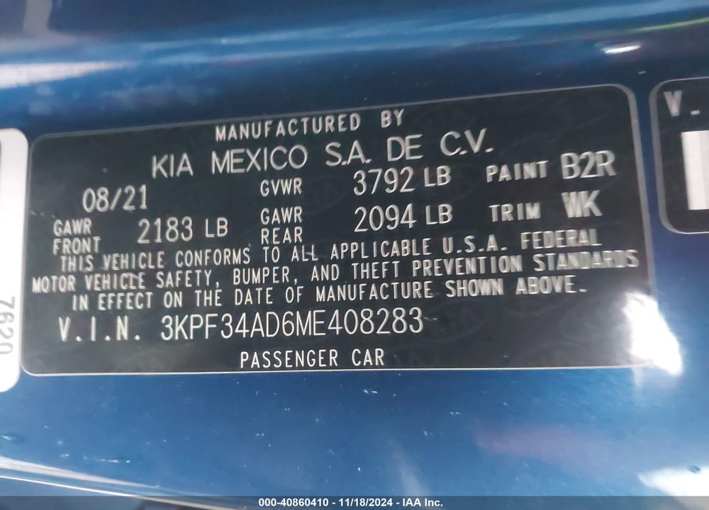2021 KIA FORTE GT LINE VIN: 3KPF34AD6ME408283