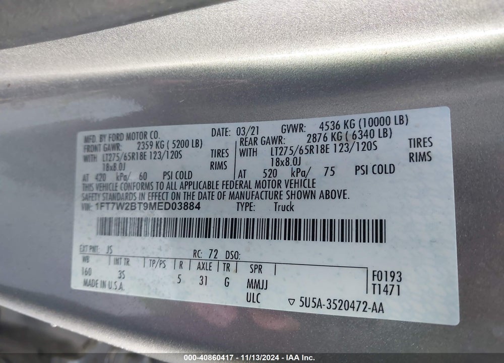 2021 FORD F-250 XLT VIN: 1FT7W2BT9MED03884