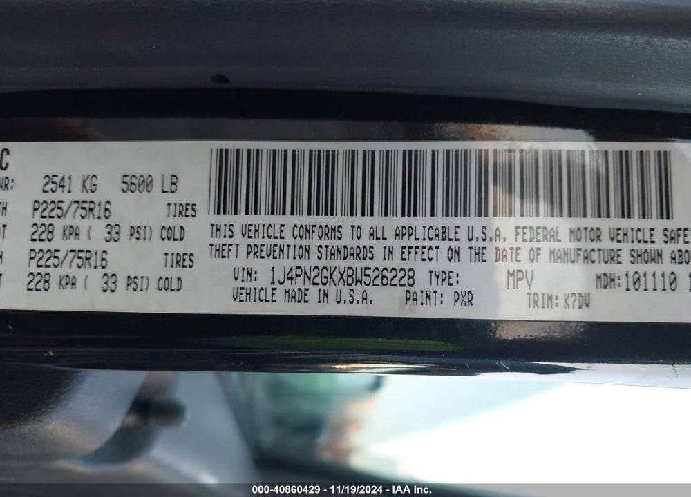 2011 JEEP LIBERTY SPORT VIN: 1J4PN2GKXBW526228