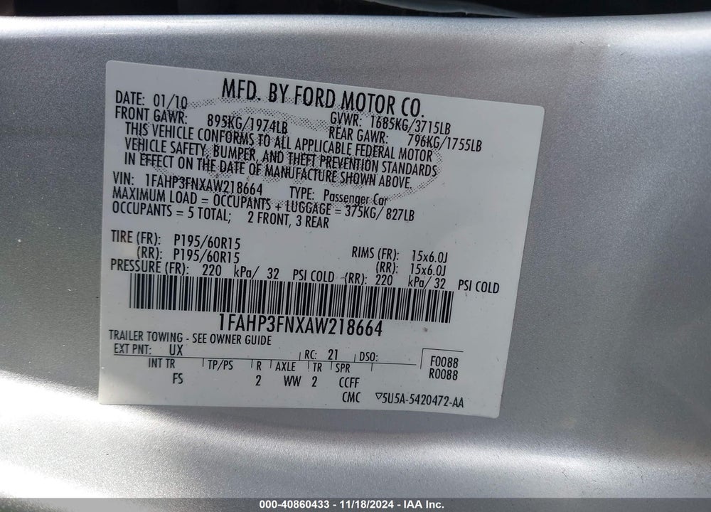 2010 FORD FOCUS SE VIN: 1FAHP3FNXAW218664