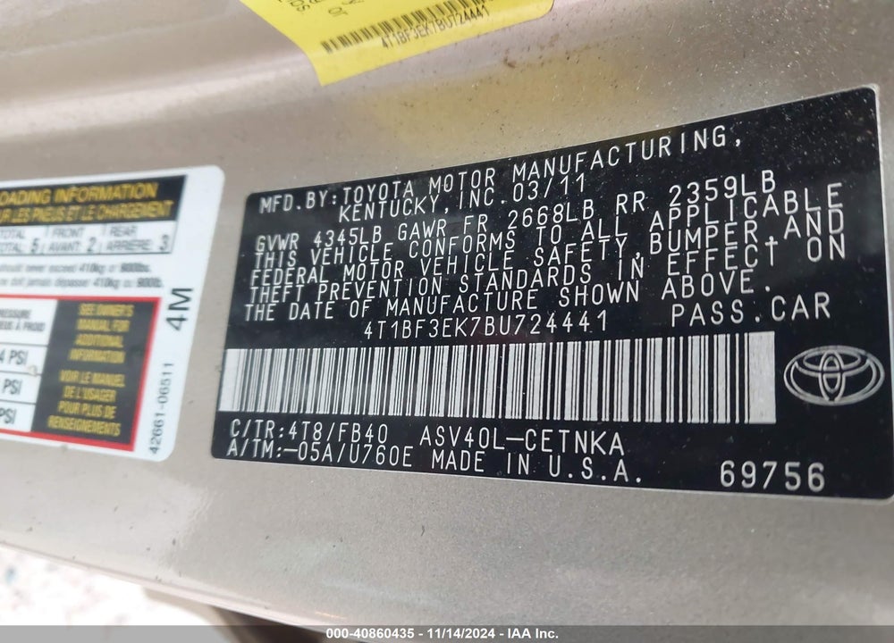 2011 TOYOTA CAMRY LE VIN: 4T1BF3EK7BU724441