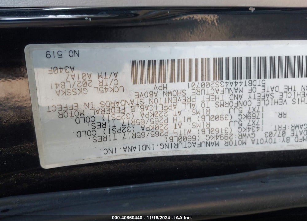 2003 TOYOTA SEQUOIA VIN: 5TDBT44A43S200701