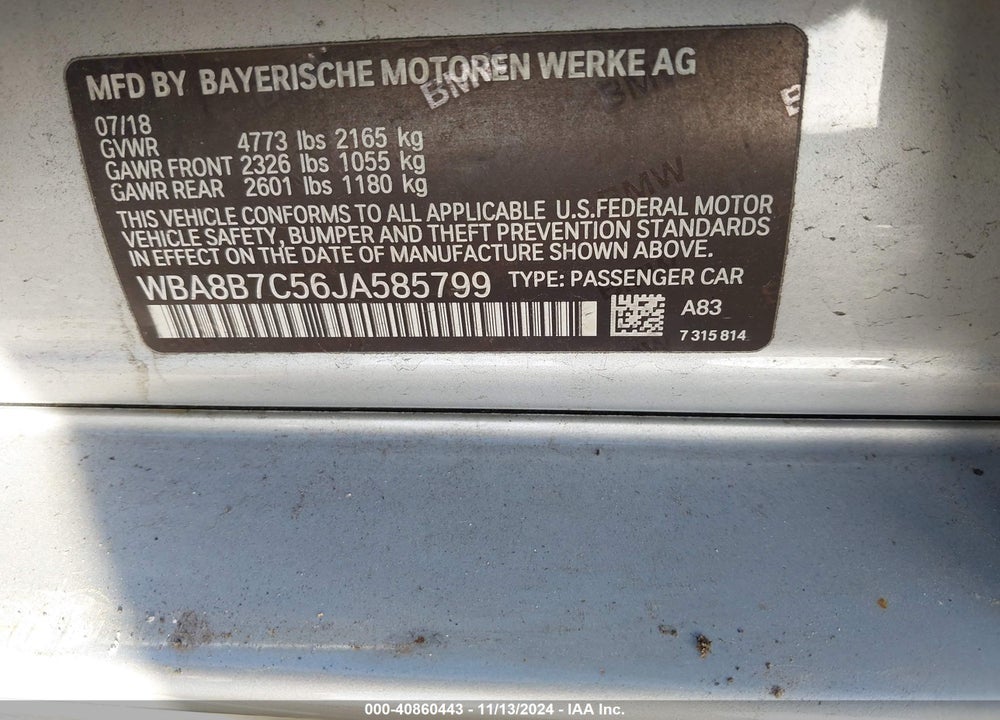 2018 BMW 340I XDRIVE VIN: WBA8B7C56JA585799