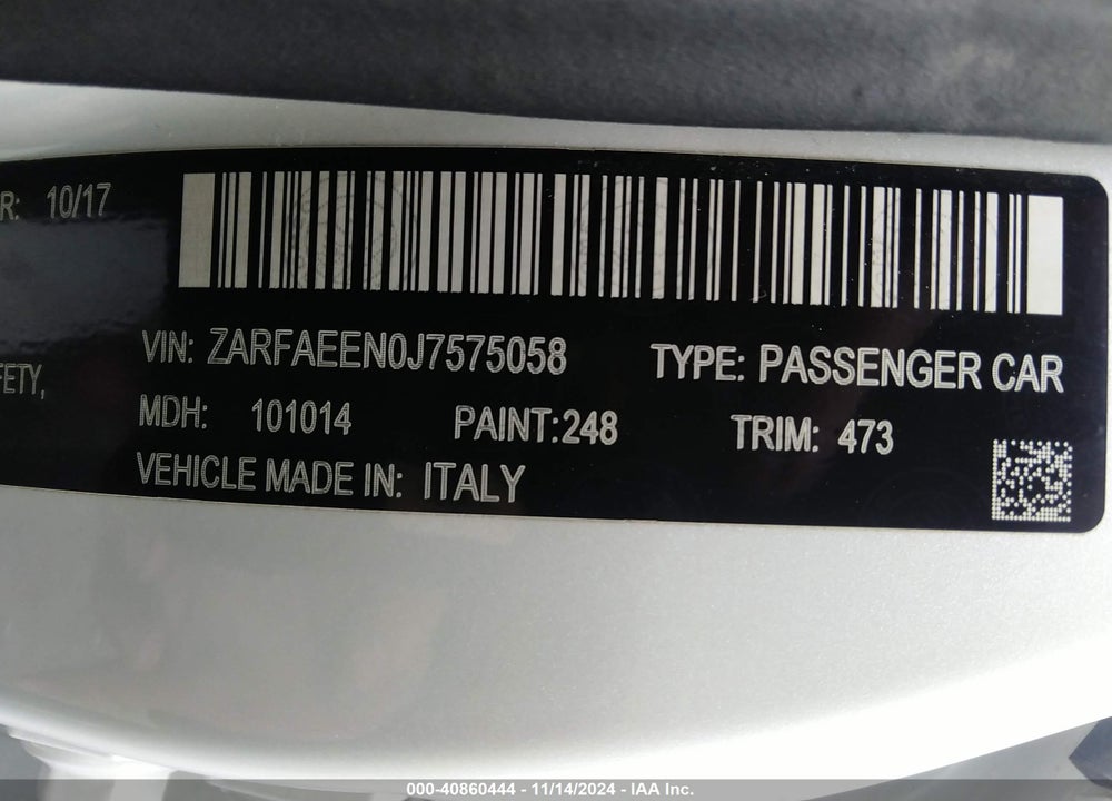 2018 ALFA ROMEO GIULIA TI SPORT AWD VIN: ZARFAEEN0J7575058