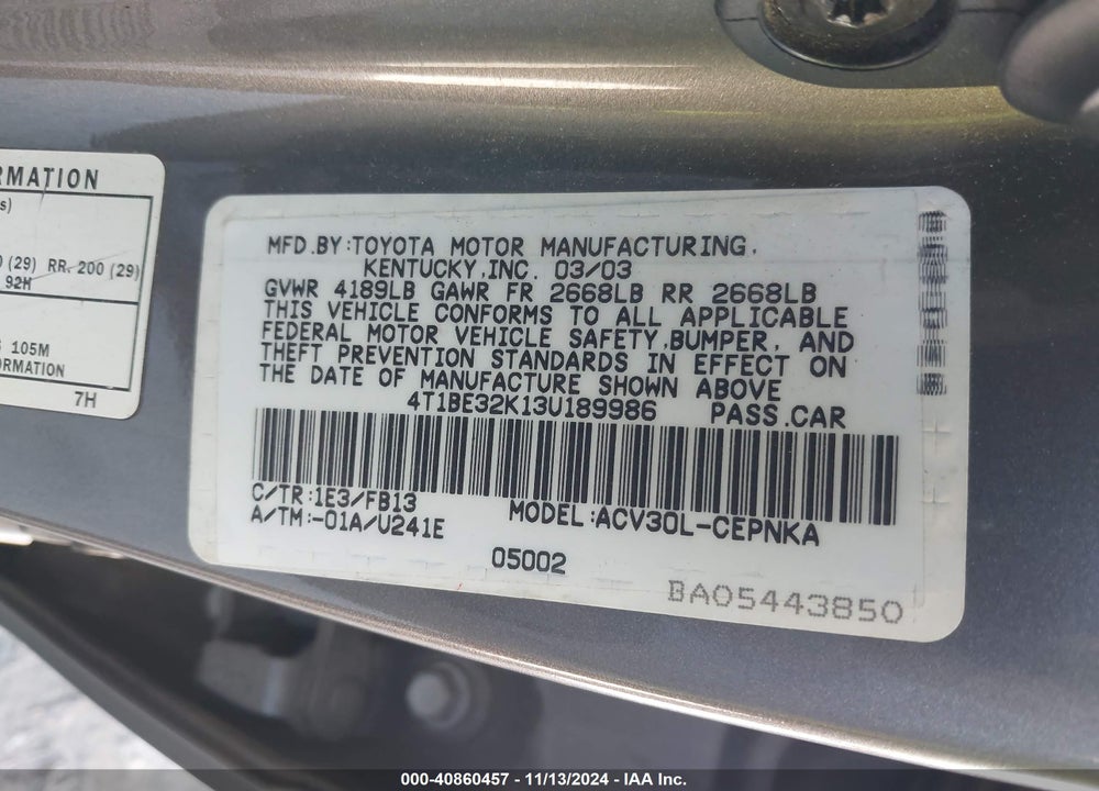 2003 TOYOTA CAMRY LE VIN: 4T1BE32K13U189986