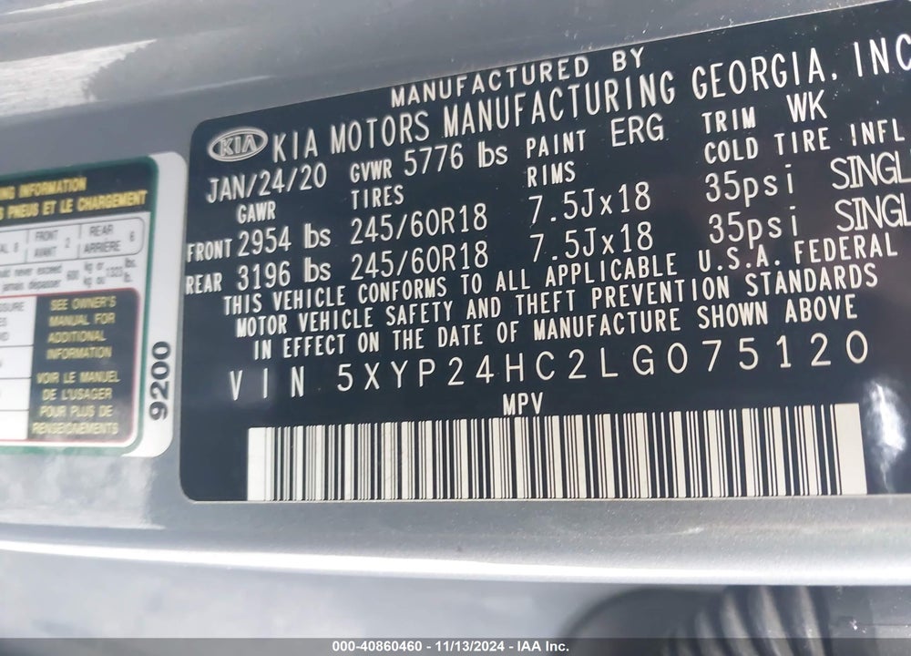 2020 KIA TELLURIDE LX VIN: 5XYP24HC2LG075120