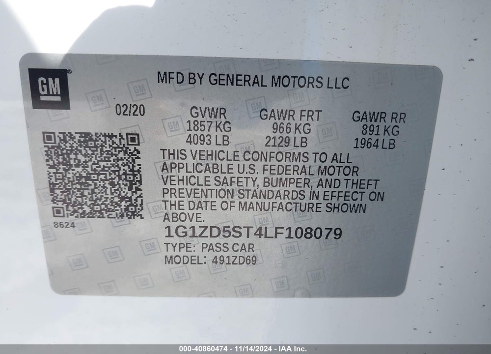 2020 CHEVROLET MALIBU VIN: 1G1ZD5ST4LF108079
