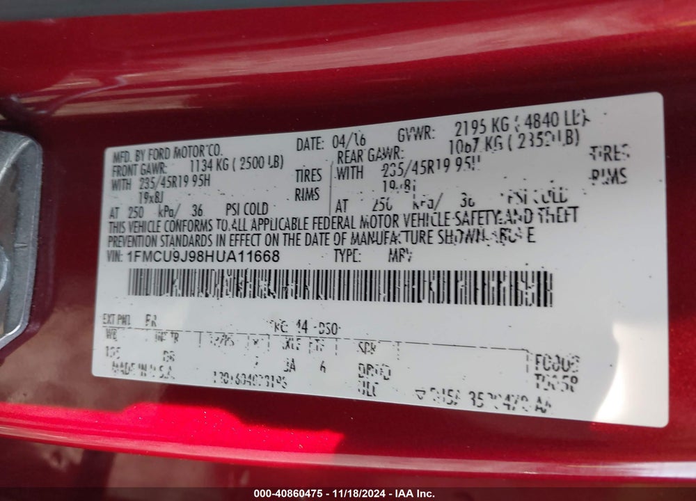 2017 FORD ESCAPE TITANIUM VIN: 1FMCU9J98HUA11668