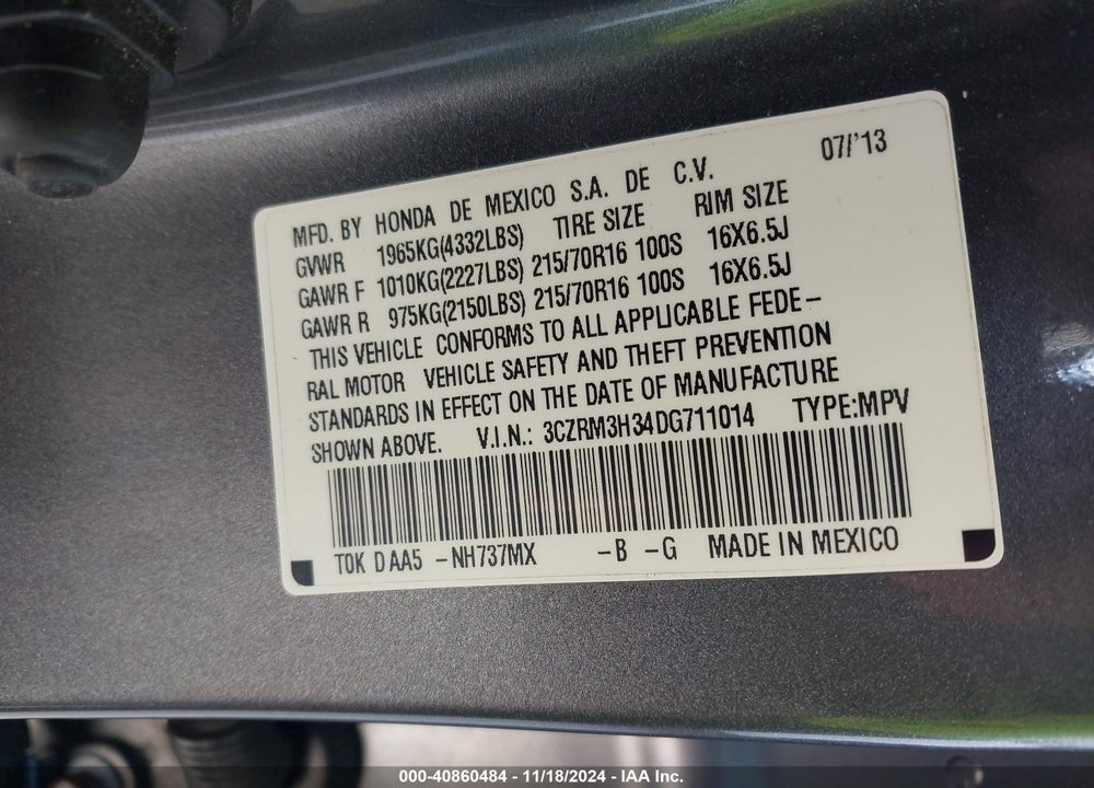 2013 HONDA CR-V LX VIN: 3CZRM3H34DG711014