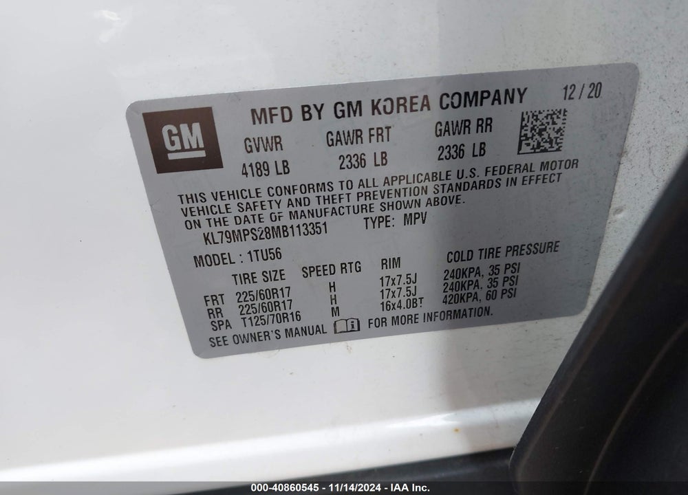 2021 CHEVROLET TRAILBLAZER FWD LT VIN: KL79MPS28MB113351