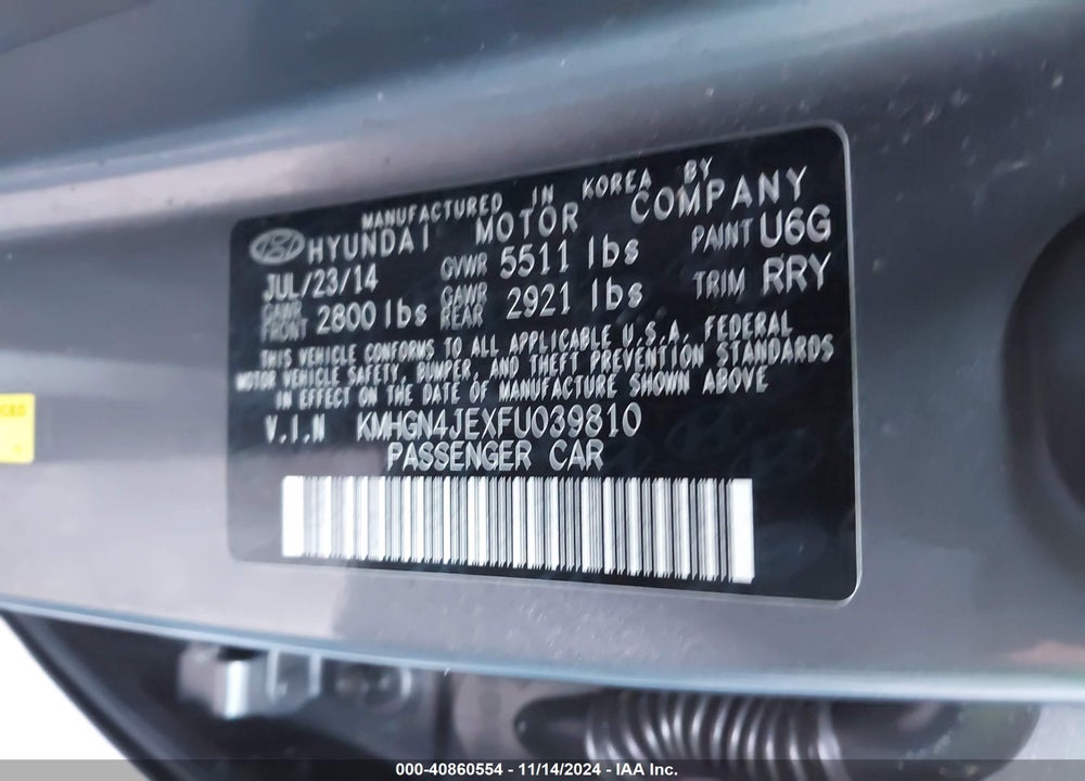 2015 HYUNDAI GENESIS 3.8 VIN: KMHGN4JEXFU039810
