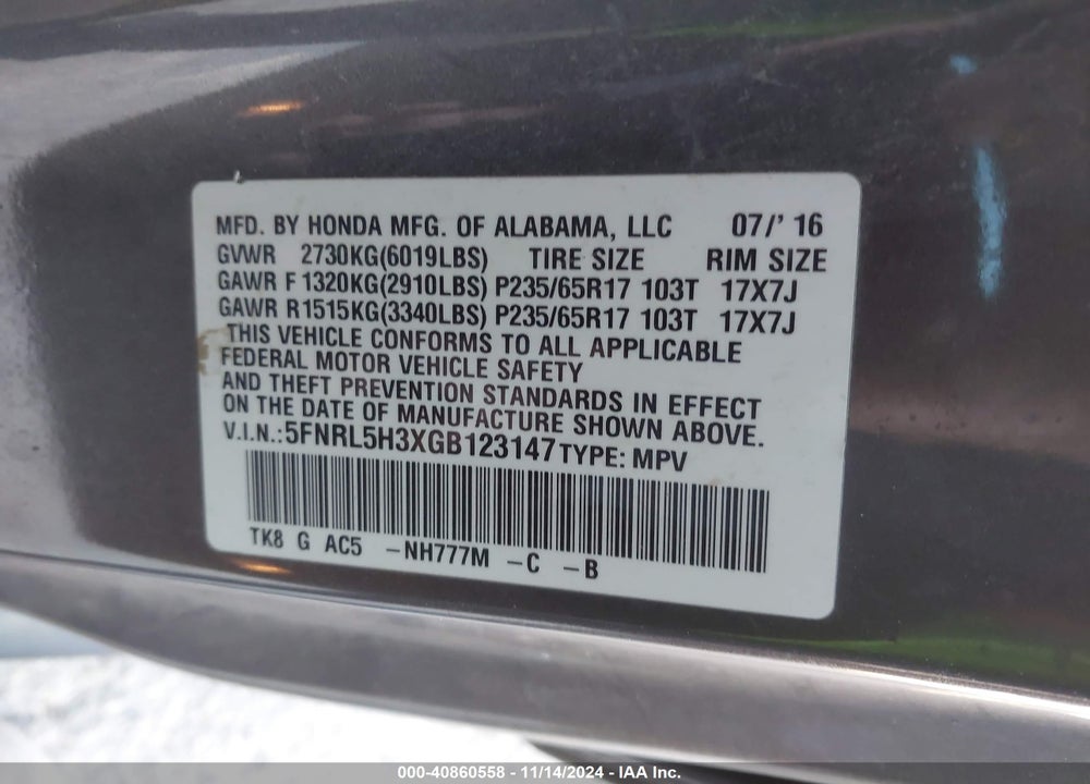 2016 HONDA ODYSSEY SE VIN: 5FNRL5H3XGB123147