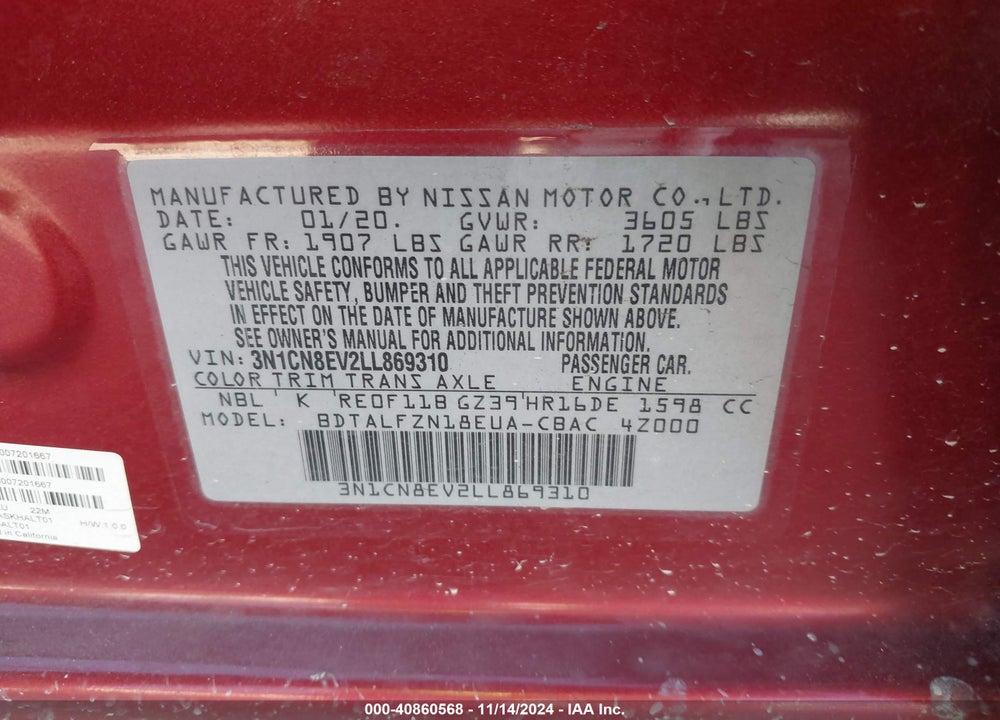 2020 NISSAN VERSA VIN: 3N1CN8EV2LL869310