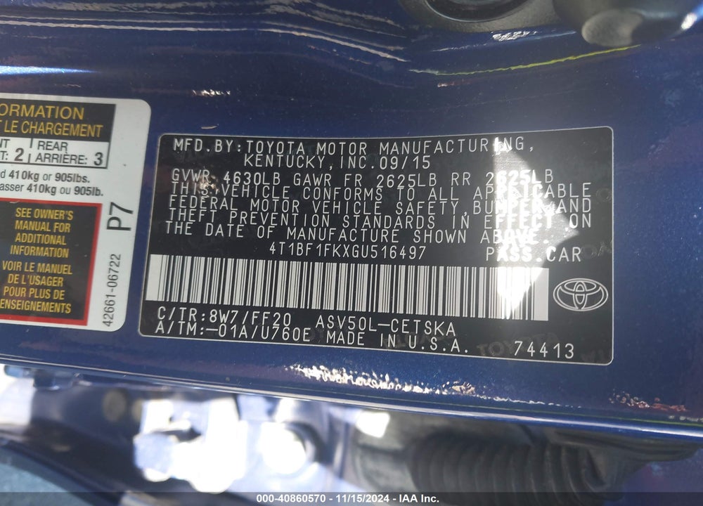 2016 TOYOTA CAMRY VIN: 4T1BF1FKXGU516497