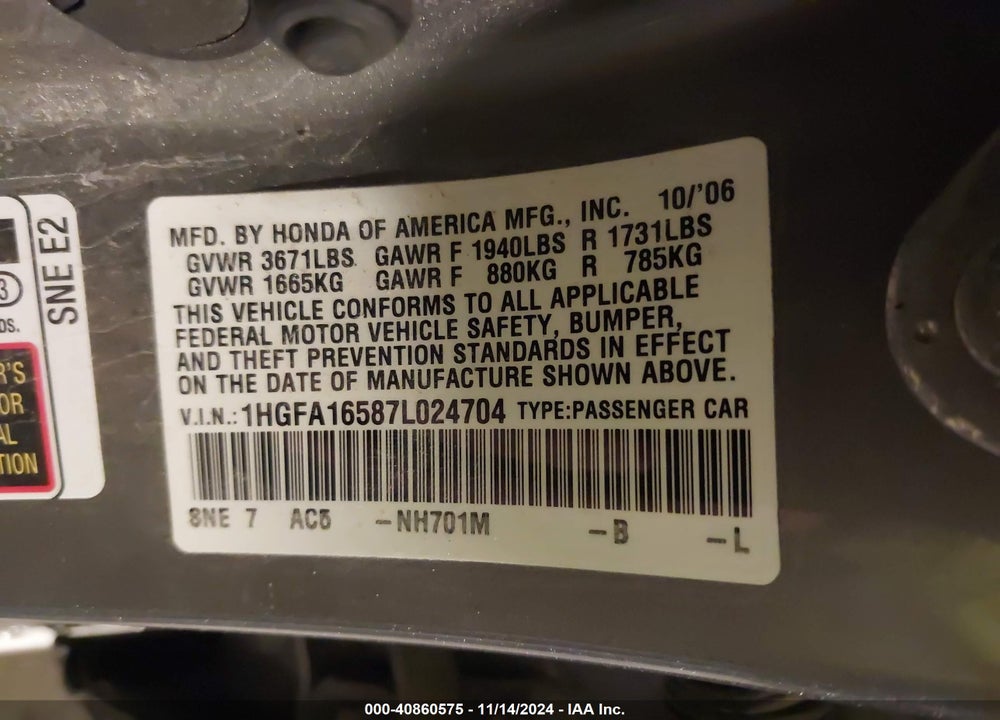 2007 HONDA CIVIC LX VIN: 1HGFA16587L024704