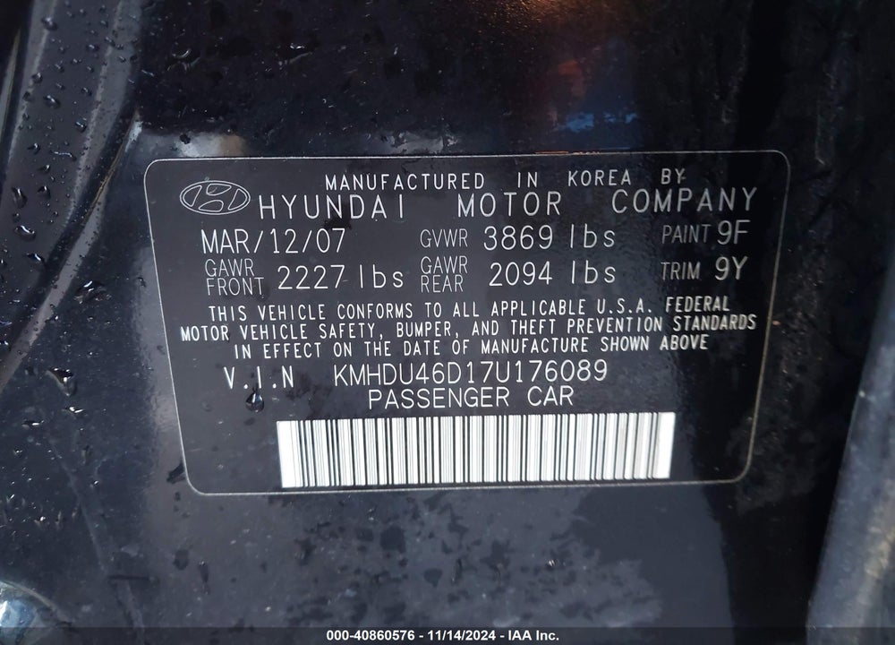 2007 HYUNDAI ELANTRA GLS/LIMITED/SE VIN: KMHDU46D17U176089
