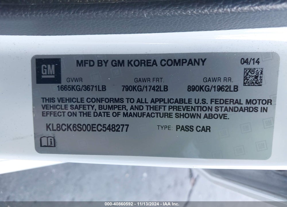 2014 CHEVROLET SPARK EV 1LT VIN: KL8CK6S00EC548277