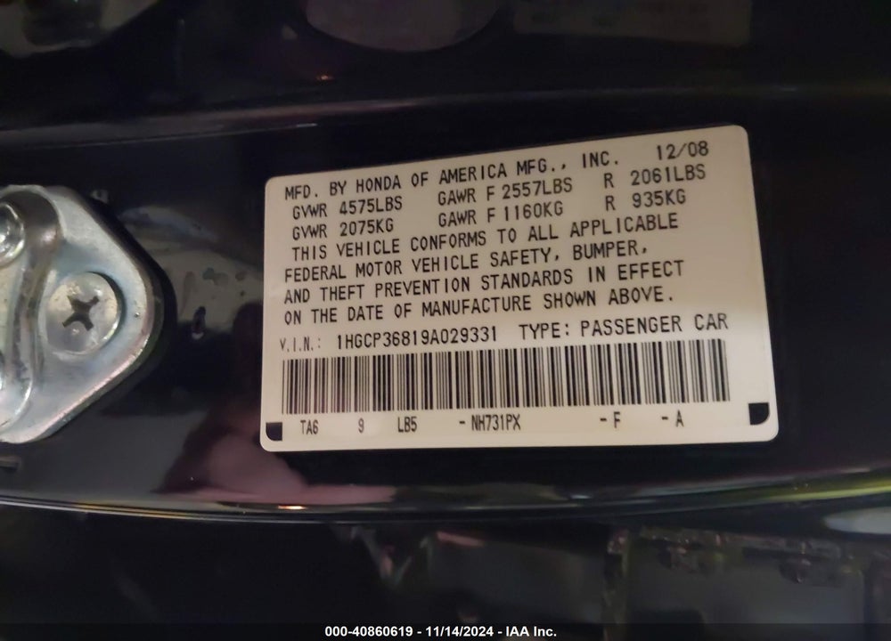 2009 HONDA ACCORD 3.5 EX-L VIN: 1HGCP36819A029331