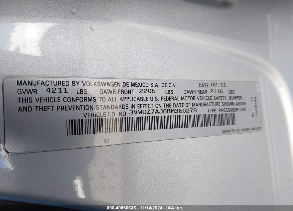 2011 VOLKSWAGEN JETTA 2.5L SE VIN: 3VWDZ7AJ6BM360278