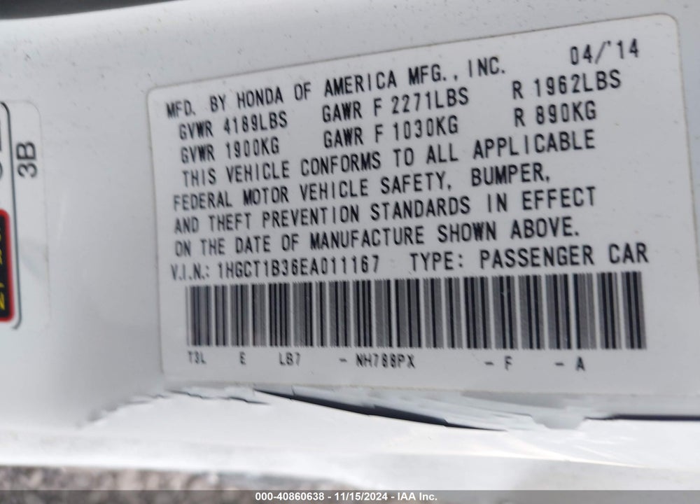 2014 HONDA ACCORD VIN: 1HGCT1B36EA011167