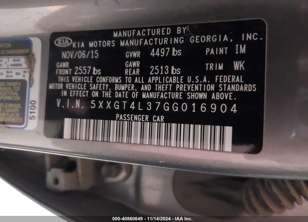 2016 KIA OPTIMA LX VIN: 5XXGT4L37GG016904