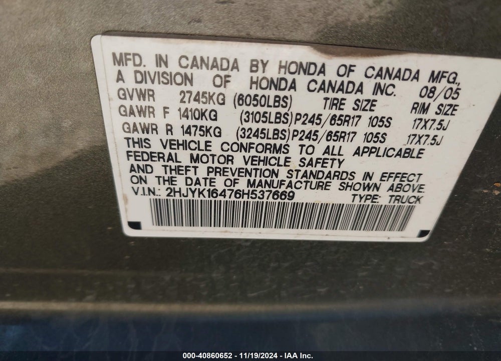 2006 HONDA RIDGELINE RTS VIN: 2HJYK16476H537669