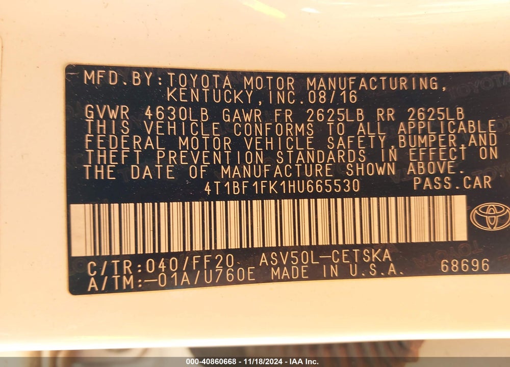 2017 TOYOTA CAMRY SE VIN: 4T1BF1FK1HU665530