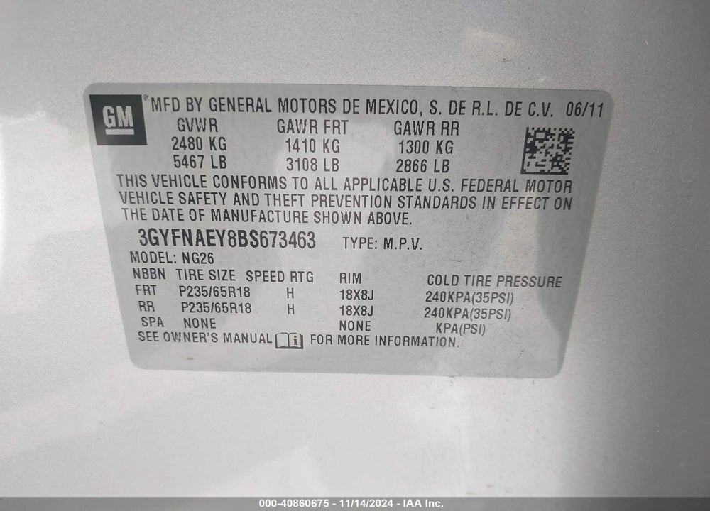 2011 CADILLAC SRX VIN: 3GYFNAEY8BS673463
