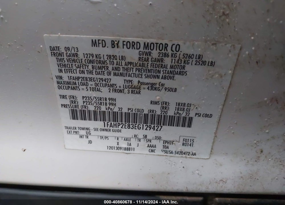 2014 FORD TAURUS SEL VIN: 1FAHP2E83EG129427