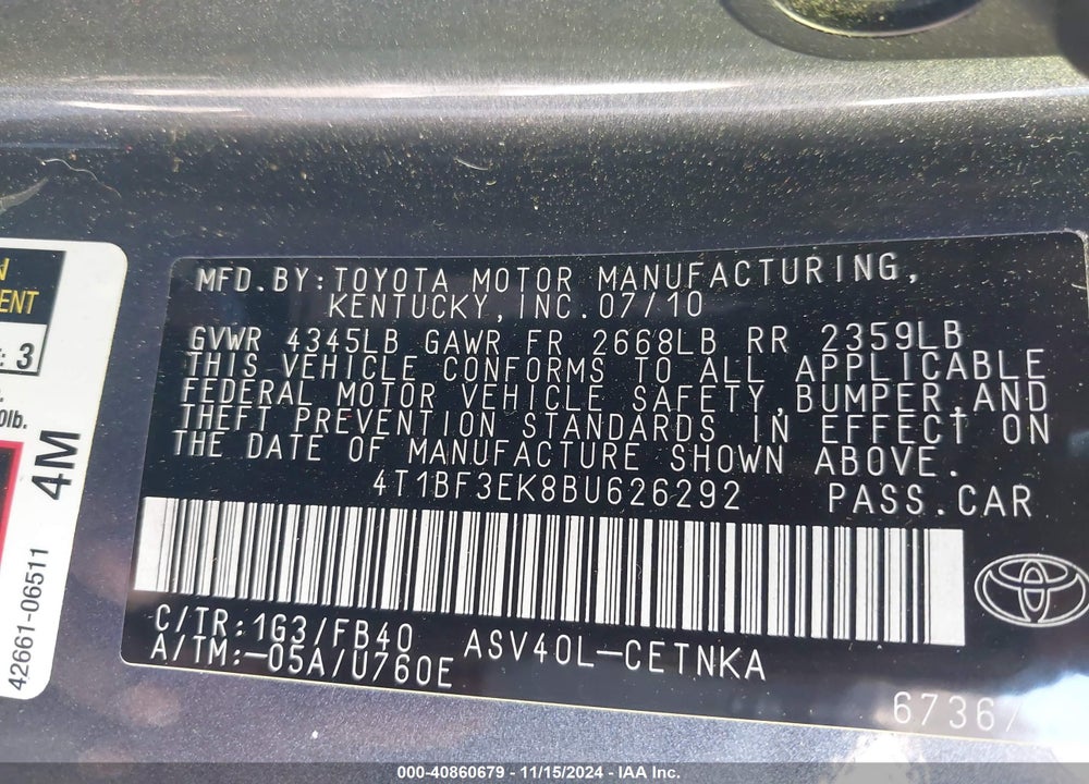 2011 TOYOTA CAMRY LE VIN: 4T1BF3EK8BU626292