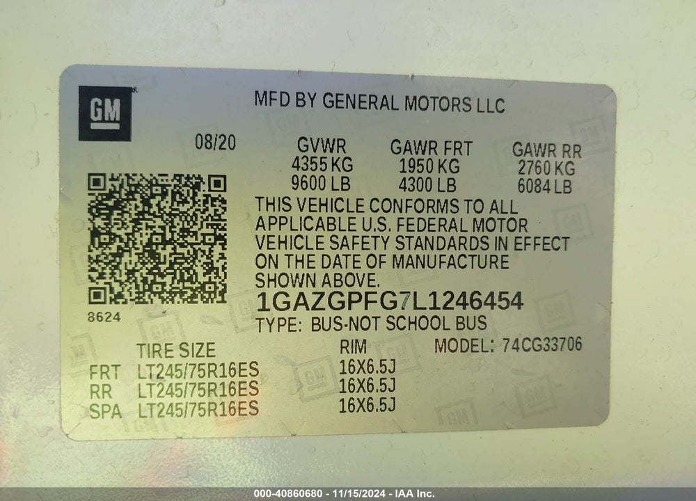 2020 CHEVROLET EXPRESS PASSENGER VIN: 1GAZGPFG7L1246454