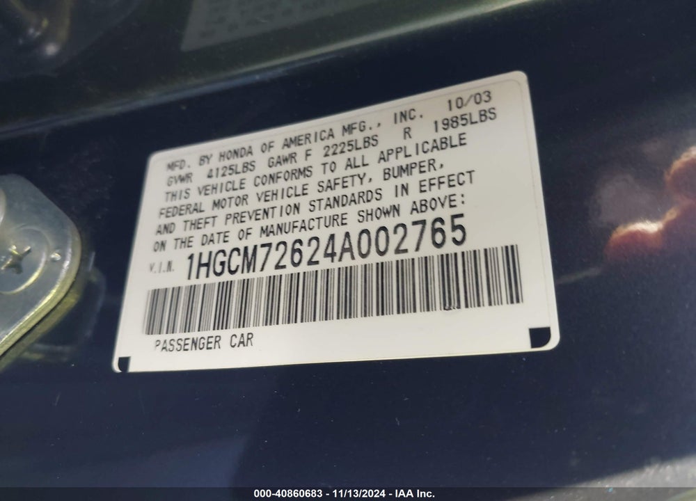 2004 HONDA ACCORD 2.4 EX VIN: 1HGCM72624A002765