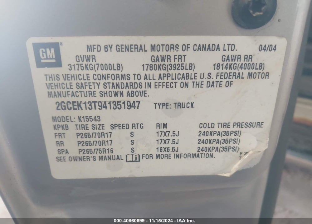 2004 CHEVROLET SILVERADO 1500 Z71 VIN: 2GCEK13T941351947