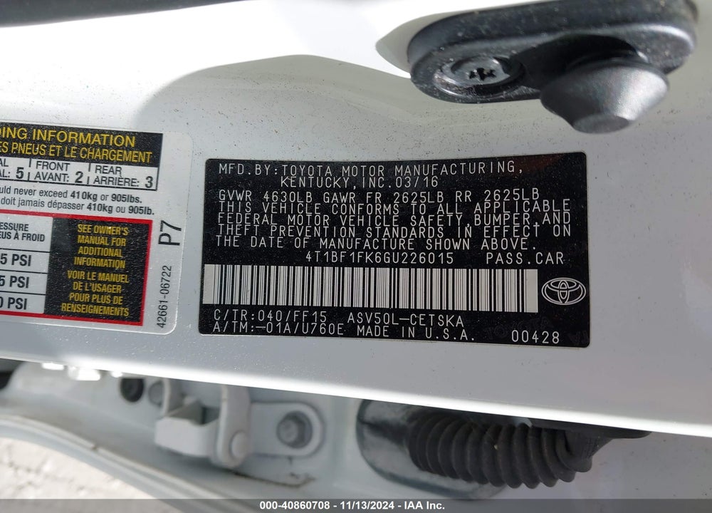 2016 TOYOTA CAMRY SE VIN: 4T1BF1FK6GU226015