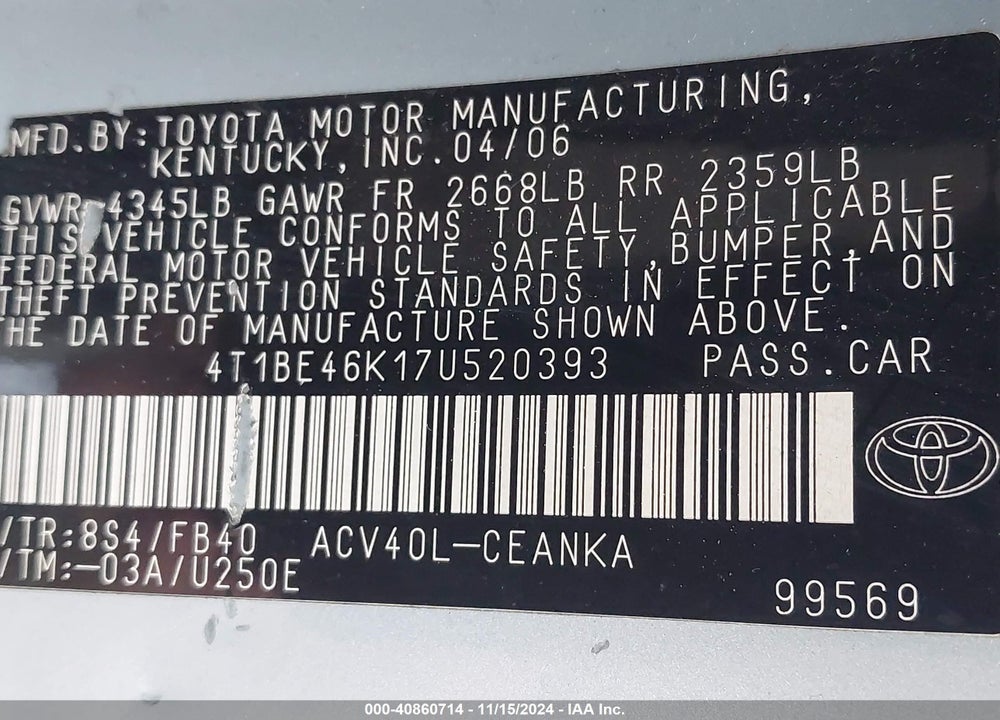 2007 TOYOTA CAMRY LE VIN: 4T1BE46K17U520393