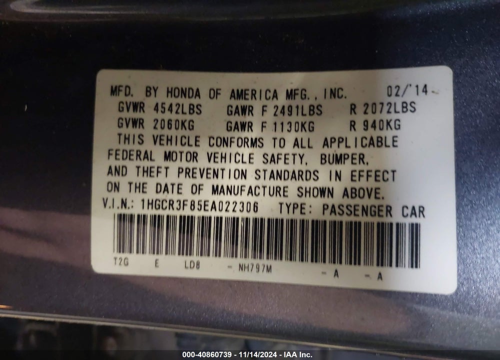 2014 HONDA ACCORD EX-L V-6 VIN: 1HGCR3F85EA022306