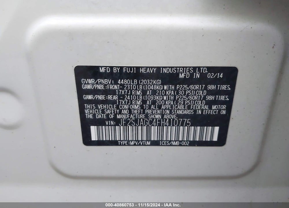 2015 SUBARU FORESTER 2.5I PREMIUM VIN: JF2SJAGC4FH410775