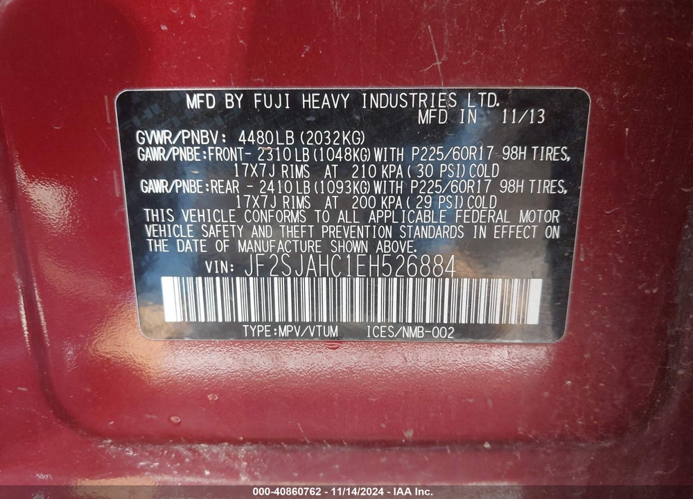 2014 SUBARU FORESTER 2.5I LIMITED VIN: JF2SJAHC1EH526884