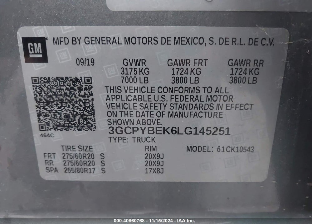 2020 CHEVROLET SILVERADO 1500 4WD SHORT BED CUSTOM VIN: 3GCPYBEK6LG145251