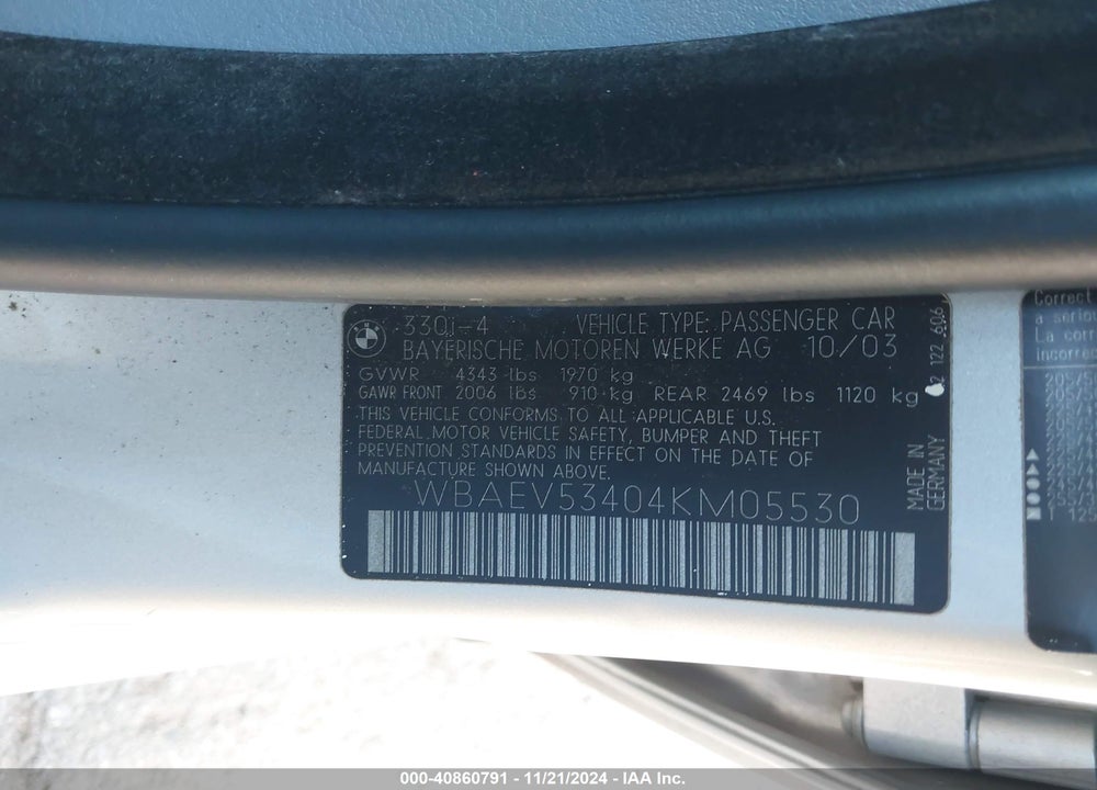 2004 BMW 330I VIN: WBAEV53404KM05530
