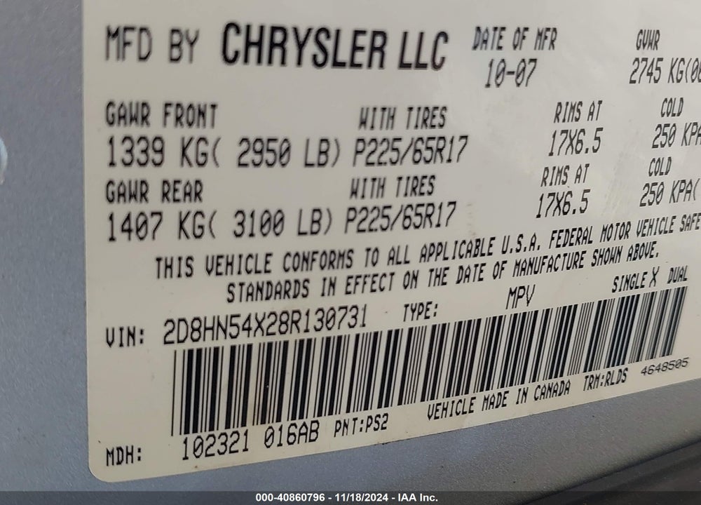 2008 DODGE GRAND CARAVAN SXT VIN: 2D8HN54X28R130731