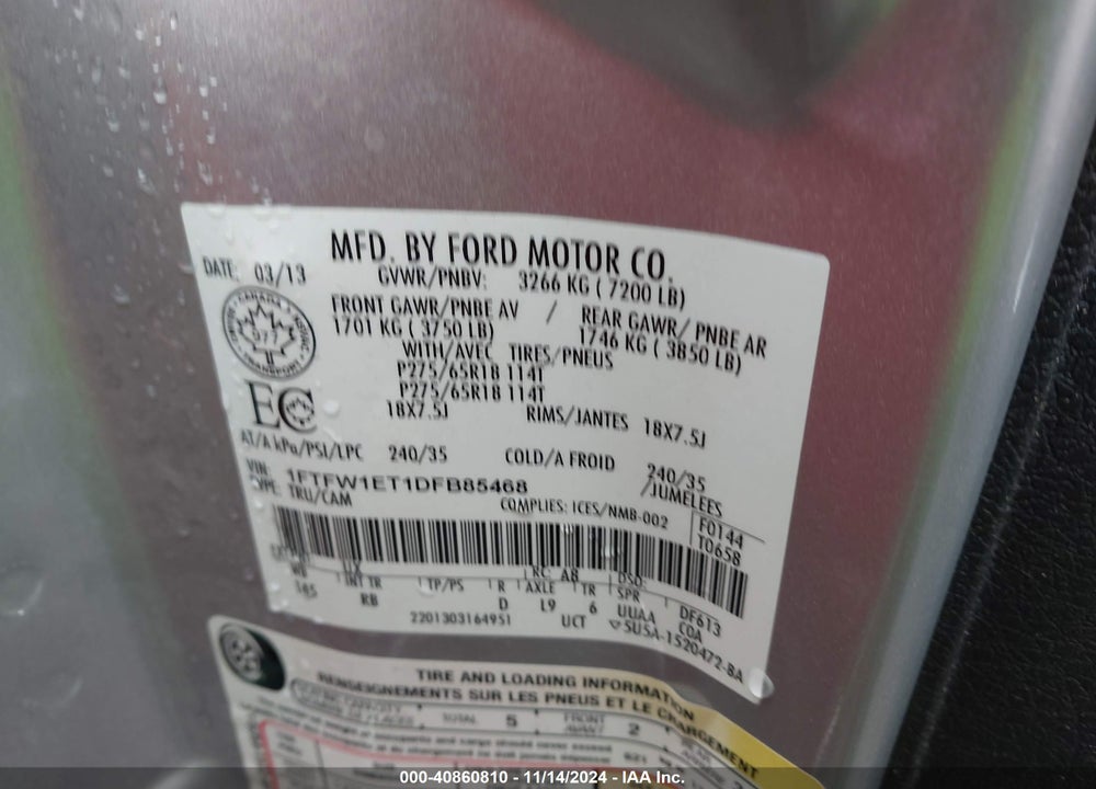 2013 FORD F-150 FX4 VIN: 1FTFW1ET1DFB85468