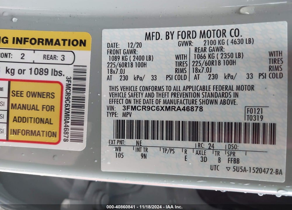 2021 FORD BRONCO SPORT OUTER BANKS VIN: 3FMCR9C6XMRA46878