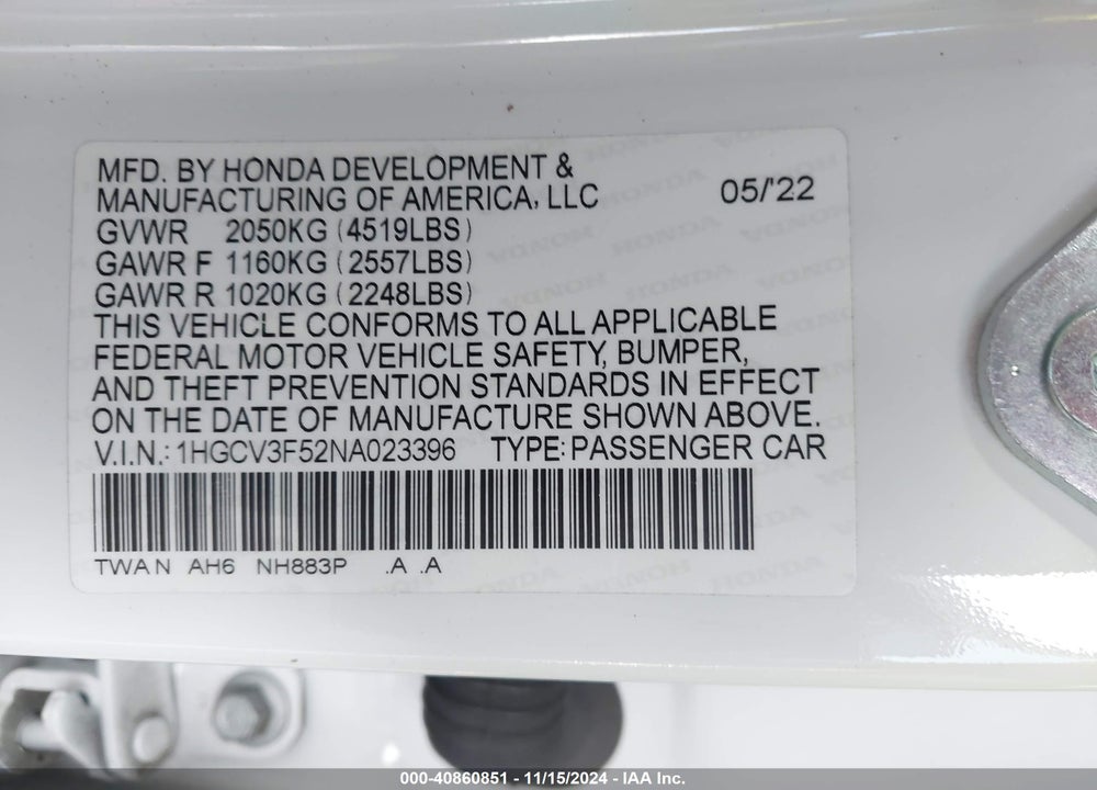 2022 HONDA ACCORD HYBRID EX-L VIN: 1HGCV3F52NA023396