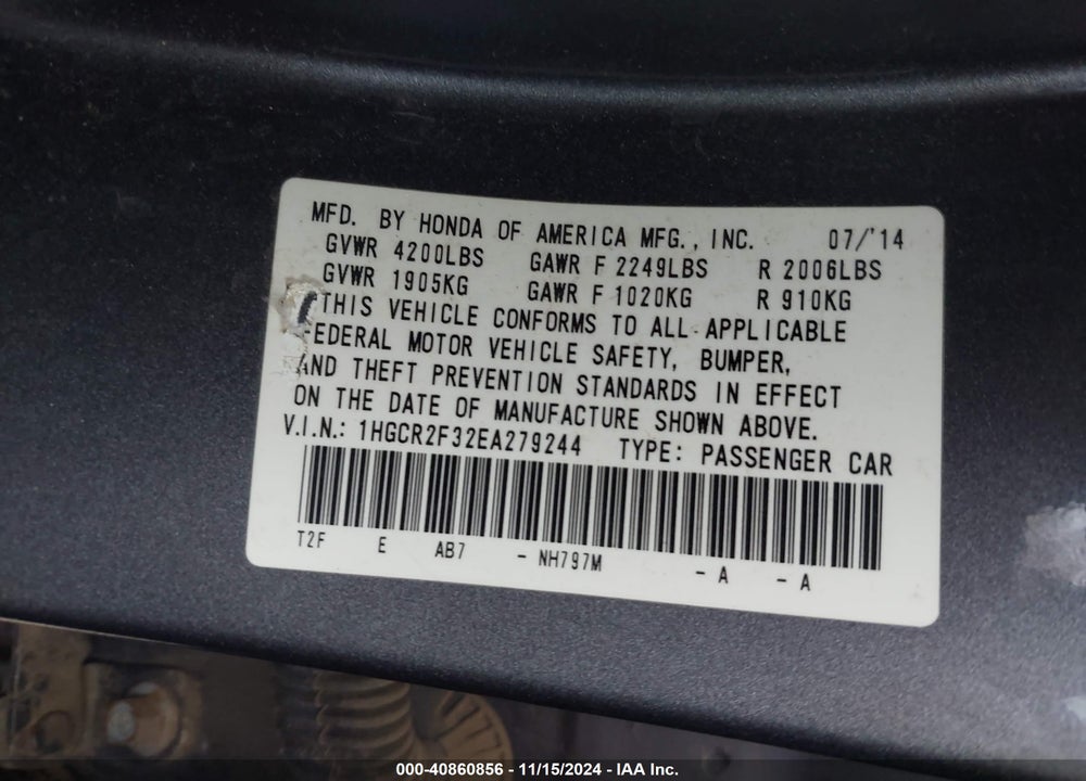 2014 HONDA ACCORD LX VIN: 1HGCR2F32EA279244