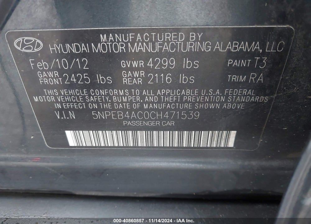 2012 HYUNDAI SONATA GLS VIN: 5NPEB4AC0CH471539