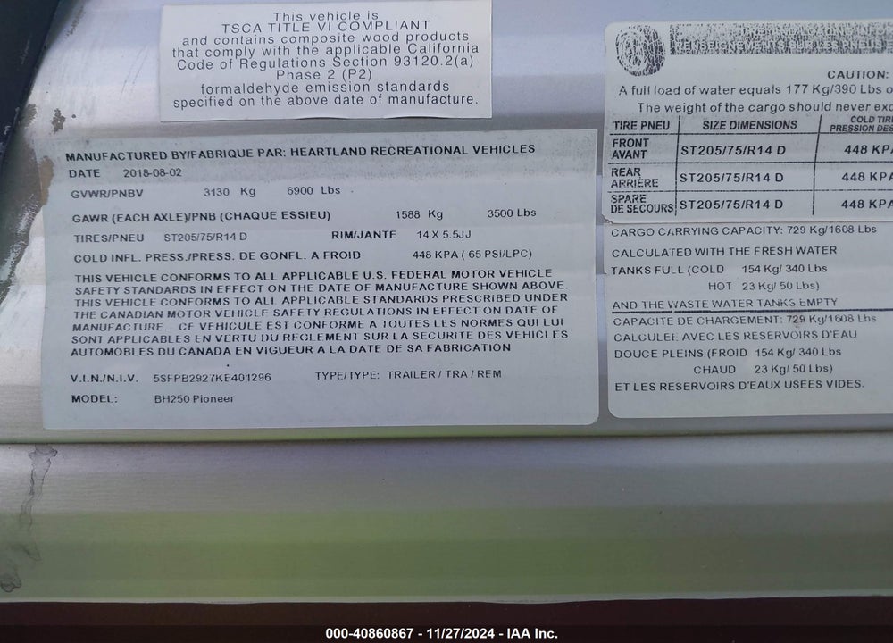 2019 HEARTLAND OTHER VIN: 5SFPB2927KE401296