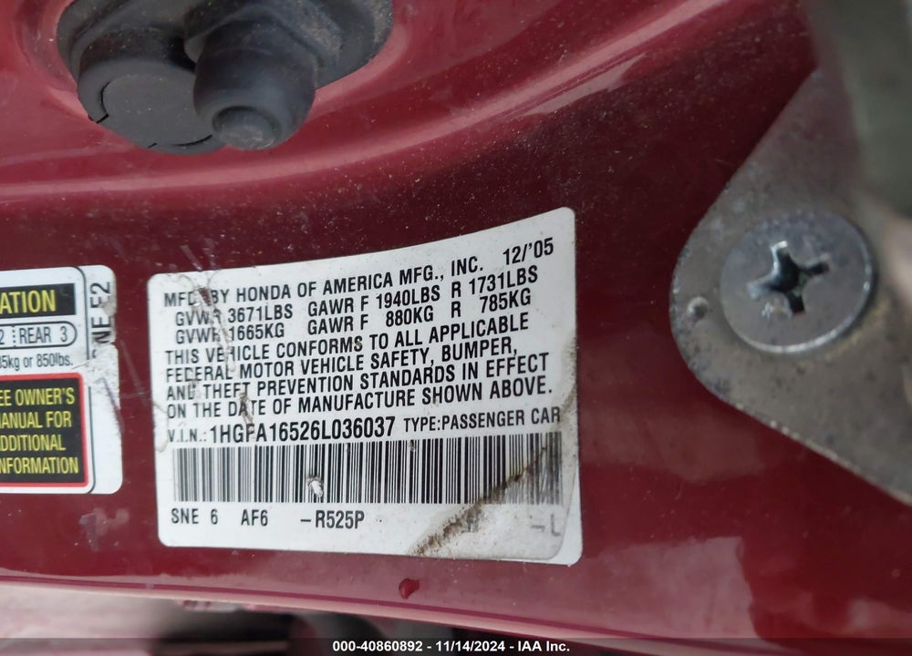 2006 HONDA CIVIC LX VIN: 1HGFA16526L036037