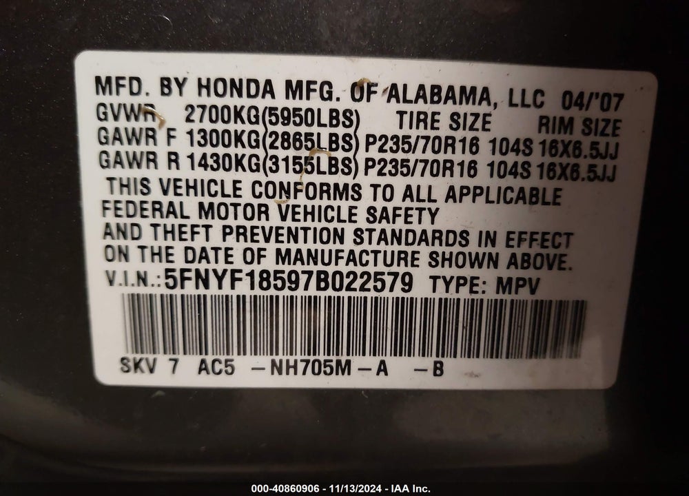 2007 HONDA PILOT EX-L VIN: 5FNYF18597B022579