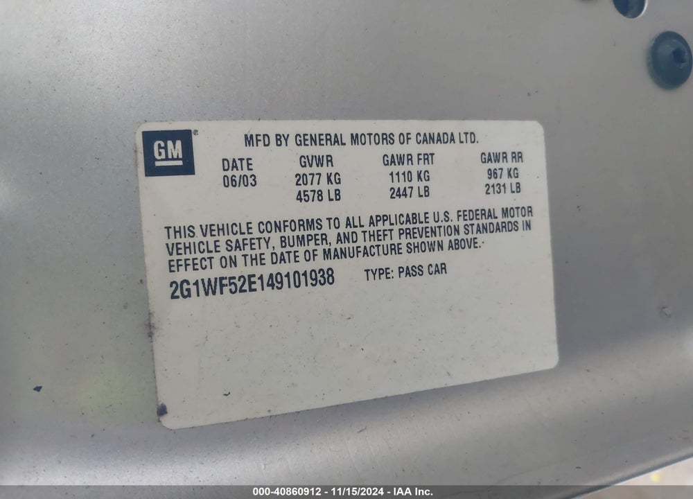 2004 CHEVROLET IMPALA VIN: 2G1WF52E149101938